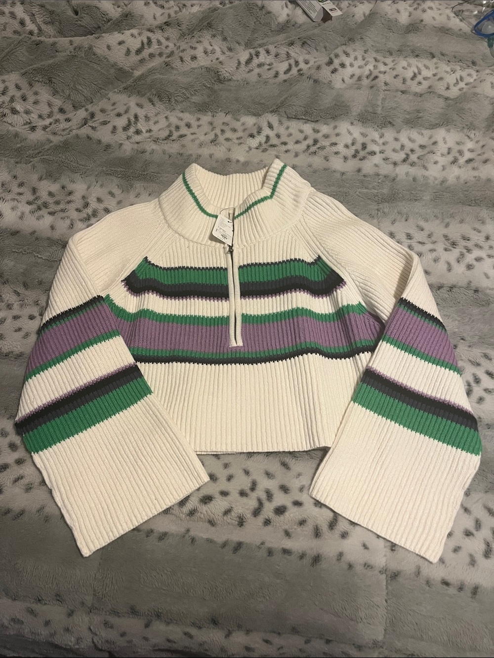 free people Cropped Rib-Knit Half-Zip Sweater Cream with Green & Purple Stripe